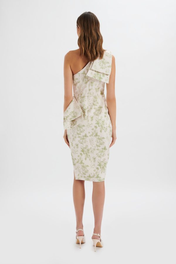 BLOOM One Shoulder Bow Detail Satin Midi Dress in Green Porcelain Print - Image 4