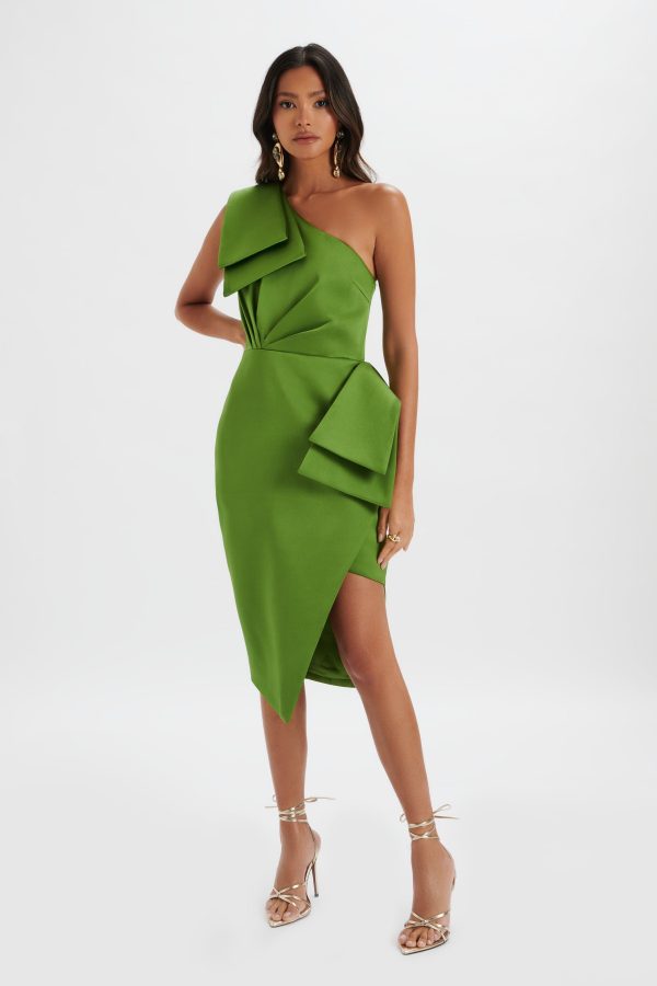 BLOOM One Shoulder Bow Detail Satin Midi Dress in Green - Image 2