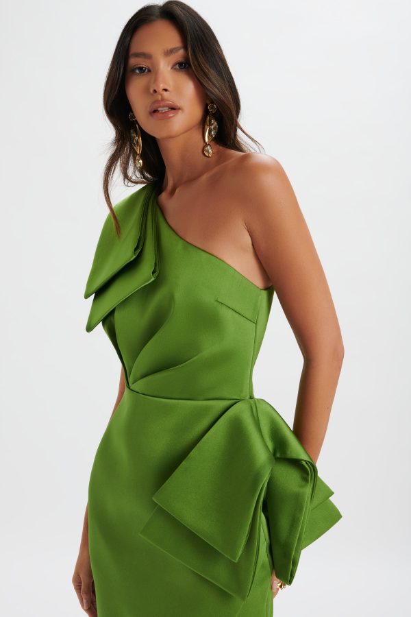 BLOOM One Shoulder Bow Detail Satin Midi Dress in Green - Image 3