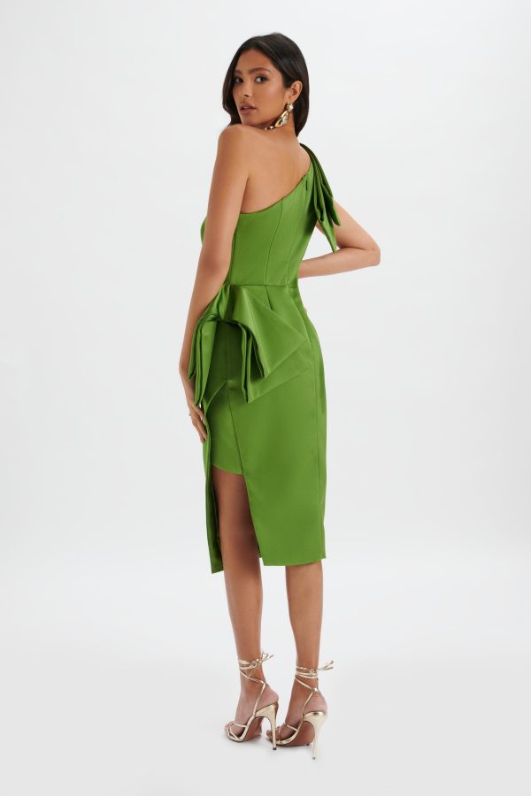 BLOOM One Shoulder Bow Detail Satin Midi Dress in Green - Image 4