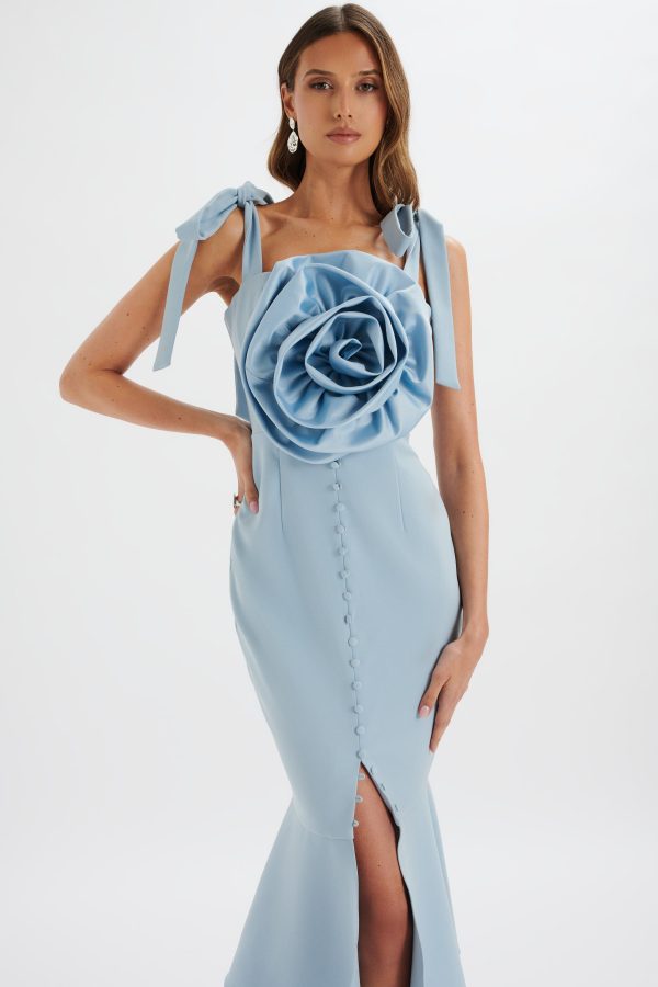 AUGUST Flower Detail Tie Strap Micro Button Midi Dress in Cornflower Blue - Image 3