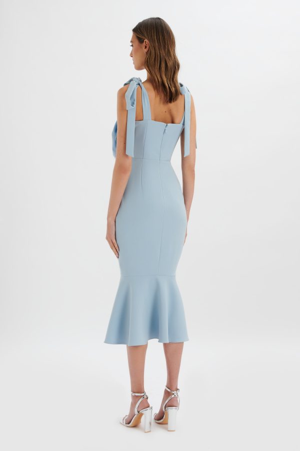 AUGUST Flower Detail Tie Strap Micro Button Midi Dress in Cornflower Blue - Image 4