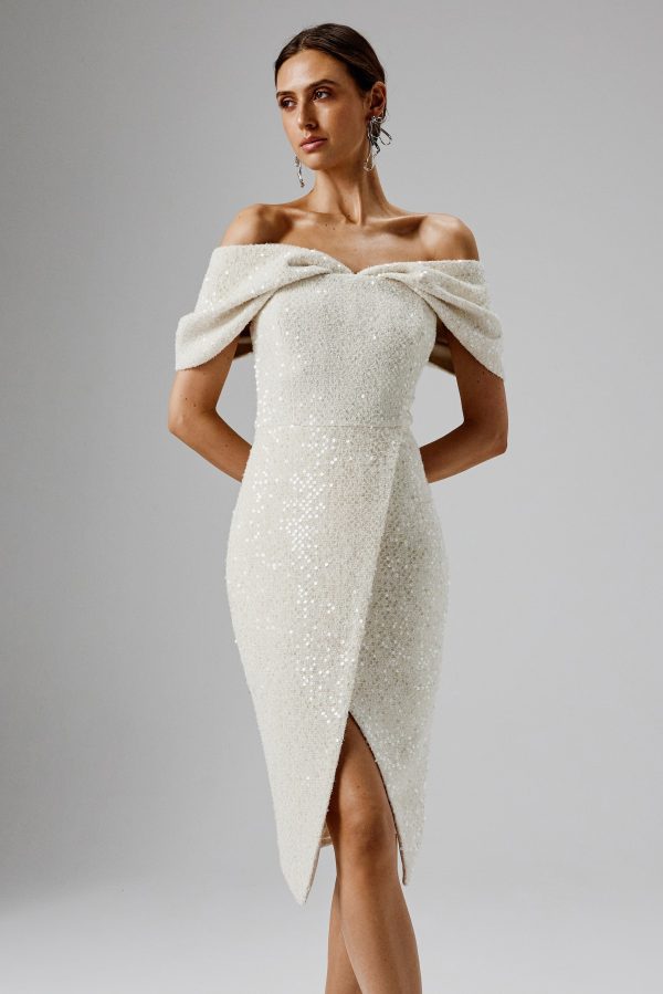 HARLEEN Draped Bardot Sequin Boucle Midi Dress in Beige - Image 2