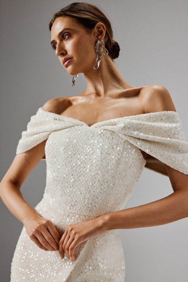 HARLEEN Draped Bardot Sequin Boucle Midi Dress in Beige - Image 3