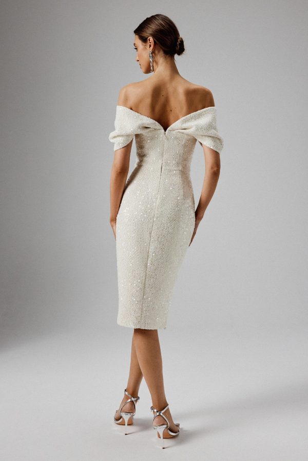 HARLEEN Draped Bardot Sequin Boucle Midi Dress in Beige - Image 4