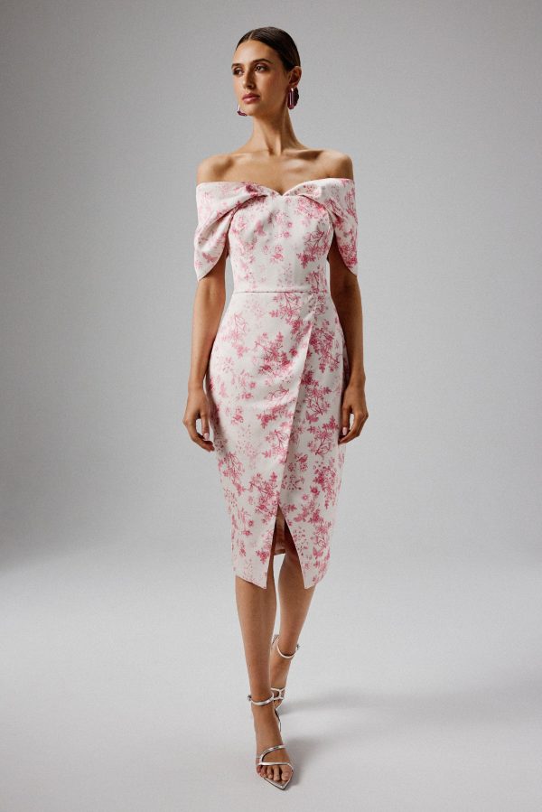 HARLEEN Draped Bardot Bonded Satin Midi Dress in Pink Porcelain