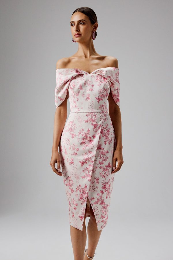 HARLEEN Draped Bardot Bonded Satin Midi Dress in Pink Porcelain - Image 2