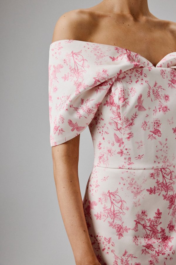 HARLEEN Draped Bardot Bonded Satin Midi Dress in Pink Porcelain - Image 3