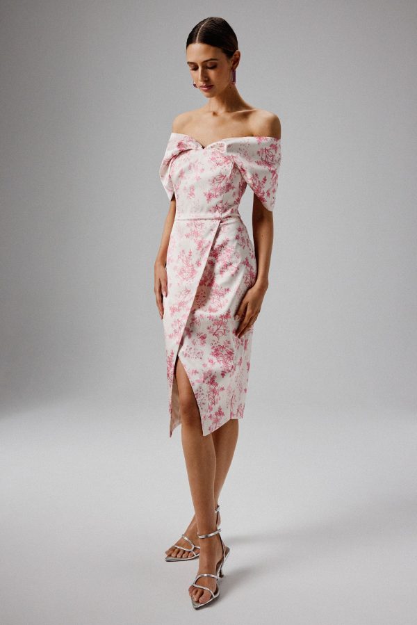 HARLEEN Draped Bardot Bonded Satin Midi Dress in Pink Porcelain - Image 4