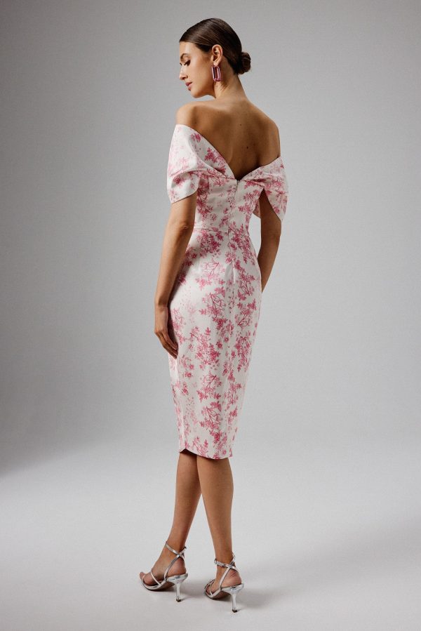 HARLEEN Draped Bardot Bonded Satin Midi Dress in Pink Porcelain - Image 5