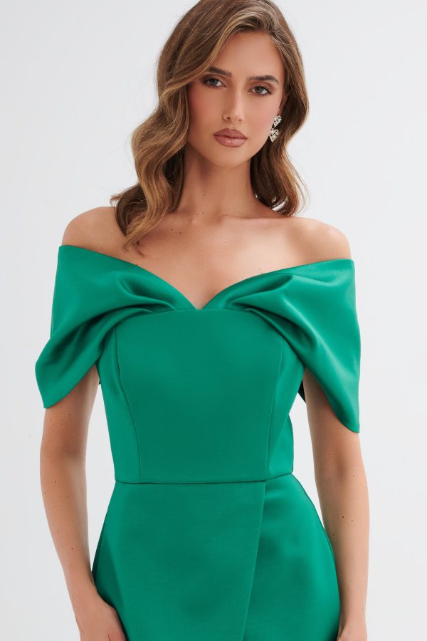 HARLEEN Draped Bardot Bonded Satin Midi Dress In Emerald Green - Image 3