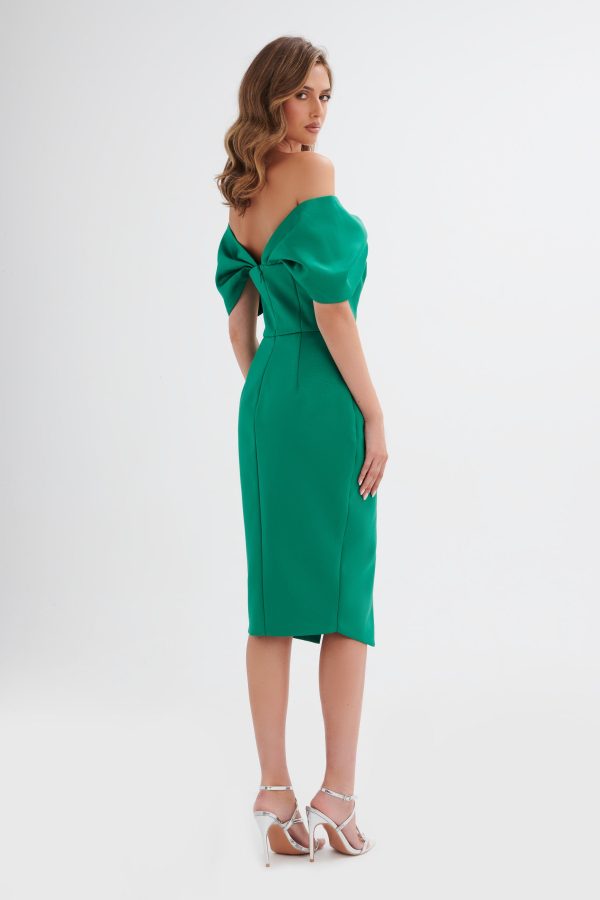 HARLEEN Draped Bardot Bonded Satin Midi Dress In Emerald Green - Image 5