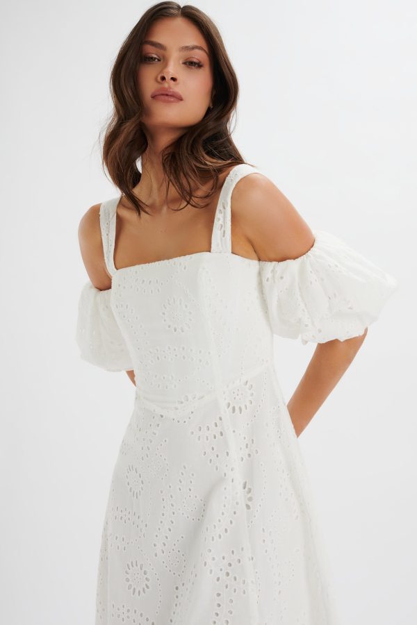 CHARLI Off Shoulder Broderie Dress in White - Image 2