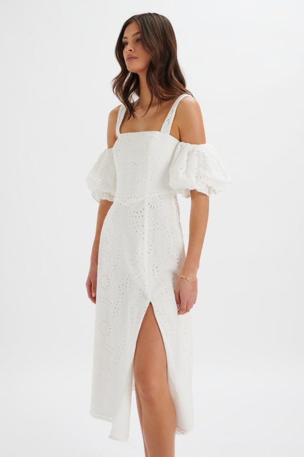 CHARLI Off Shoulder Broderie Dress in White - Image 3