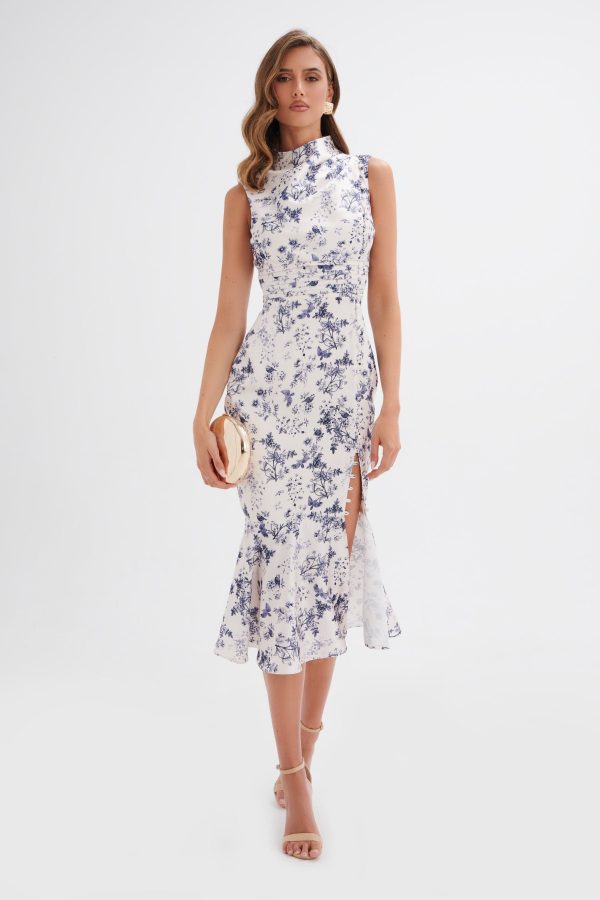 SAFFRON High Neck Satin Midi Dress in Navy Porcelain Print - Image 4