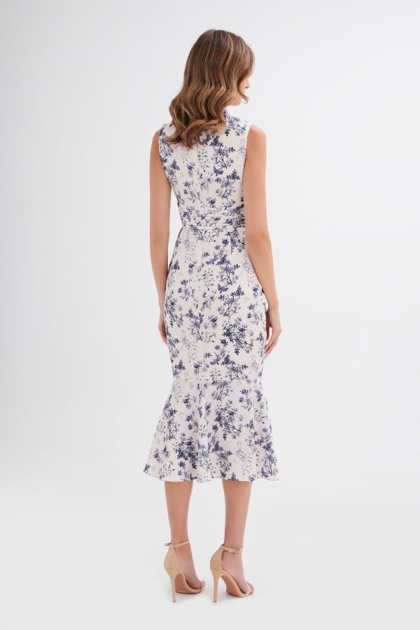 SAFFRON High Neck Satin Midi Dress in Navy Porcelain Print - Image 5