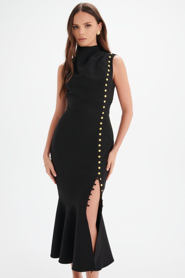 SAFFRON High Neck Rose Button Midi Dress in Black - Image 4