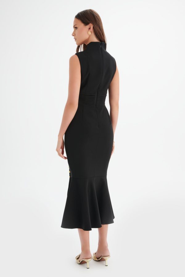 SAFFRON High Neck Rose Button Midi Dress in Black - Image 5
