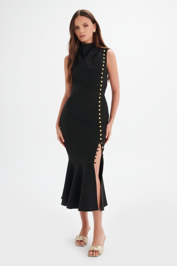 SAFFRON High Neck Rose Button Midi Dress in Black - Image 6