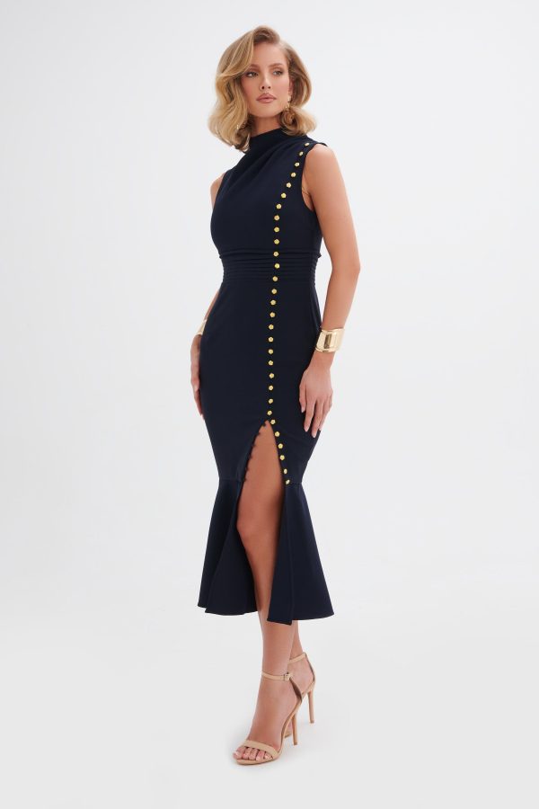 SAFFRON High Neck Rose Button Midi Dress in Navy - Image 2