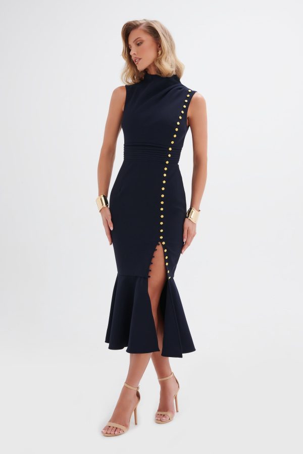 SAFFRON High Neck Rose Button Midi Dress in Navy - Image 4