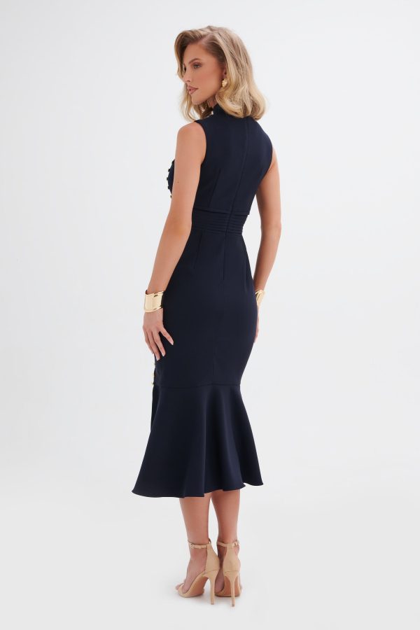 SAFFRON High Neck Rose Button Midi Dress in Navy - Image 5