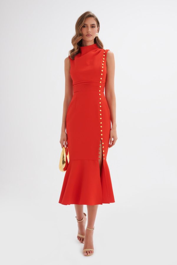 SAFFRON High Neck Rose Button Midi Dress in Red - Image 2