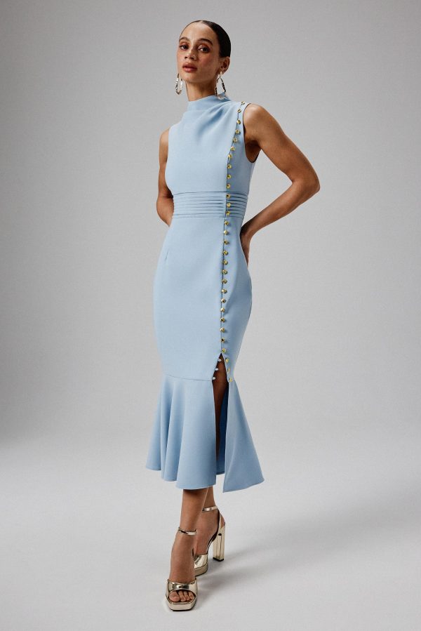 SAFFRON High Neck Micro Shell Button Midi Dress in Blue - Image 2