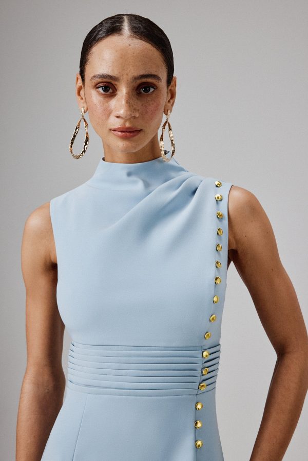 SAFFRON High Neck Micro Shell Button Midi Dress in Blue - Image 3
