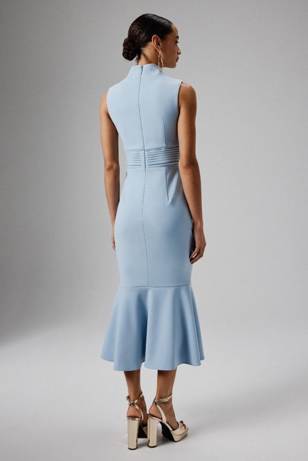 SAFFRON High Neck Micro Shell Button Midi Dress in Blue - Image 4