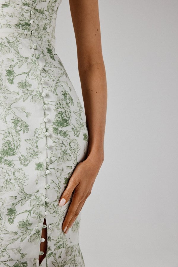 SAFFRON High Neck Crepe Midi Dress in Sage Porcelain Print - Image 3