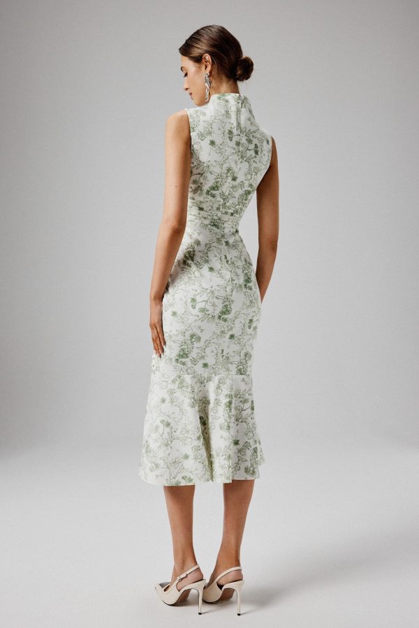SAFFRON High Neck Crepe Midi Dress in Sage Porcelain Print - Image 4