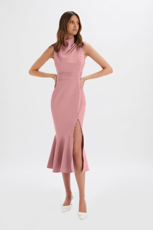 SAFFRON High Neck Micro Button Midi Dress in Pink - Image 2