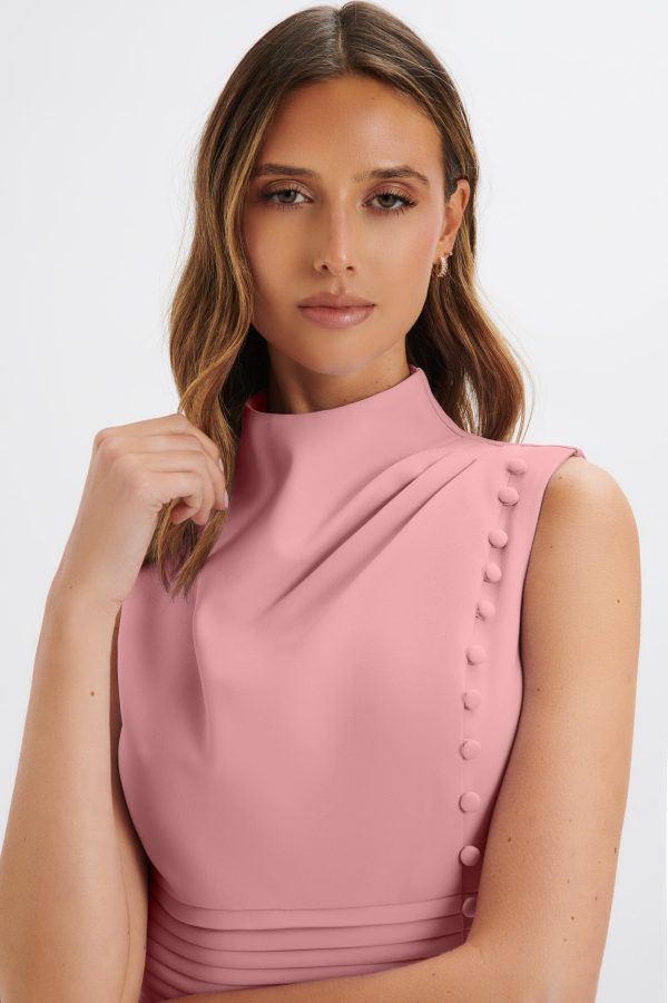 SAFFRON High Neck Micro Button Midi Dress in Pink - Image 3