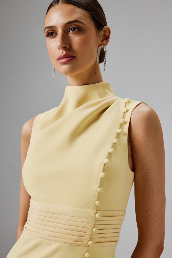 SAFFRON High Neck Micro Button Midi Dress in Yellow - Image 3