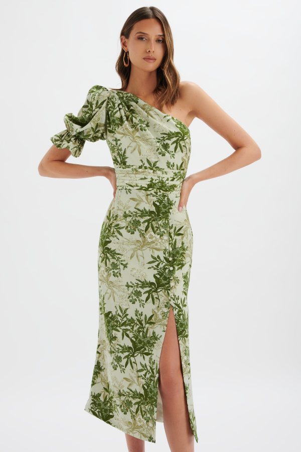 NAKIA Asymmetric Puff Sleeve Midi Dress in Botanical Print - Image 2