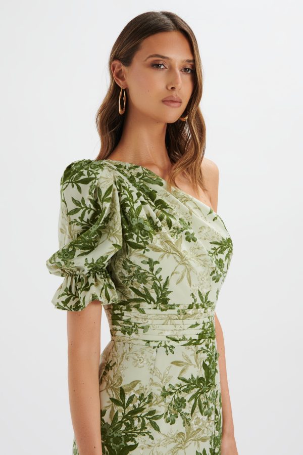 NAKIA Asymmetric Puff Sleeve Midi Dress in Botanical Print - Image 3