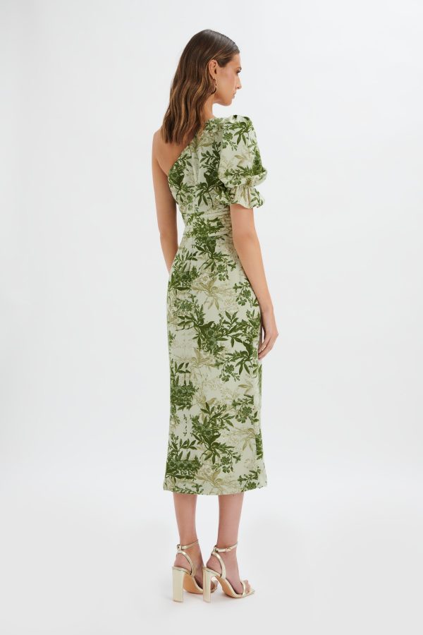NAKIA Asymmetric Puff Sleeve Midi Dress in Botanical Print - Image 4