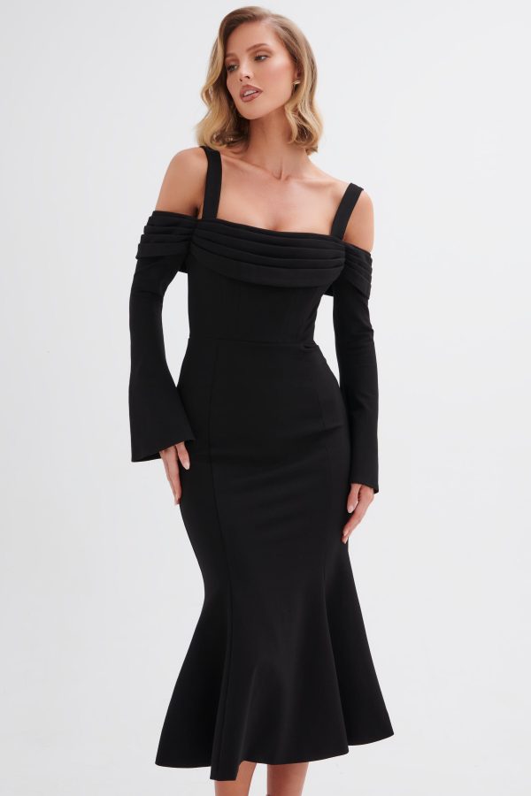 SIA Ponte Pleated Cowl Longline Midi Dress In Black - Image 3