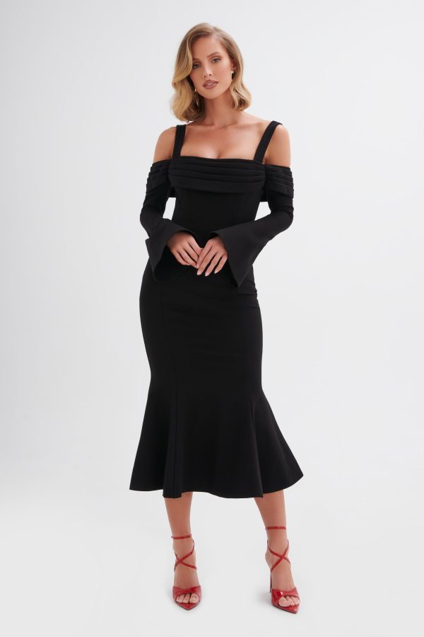 SIA Ponte Pleated Cowl Longline Midi Dress In Black - Image 4