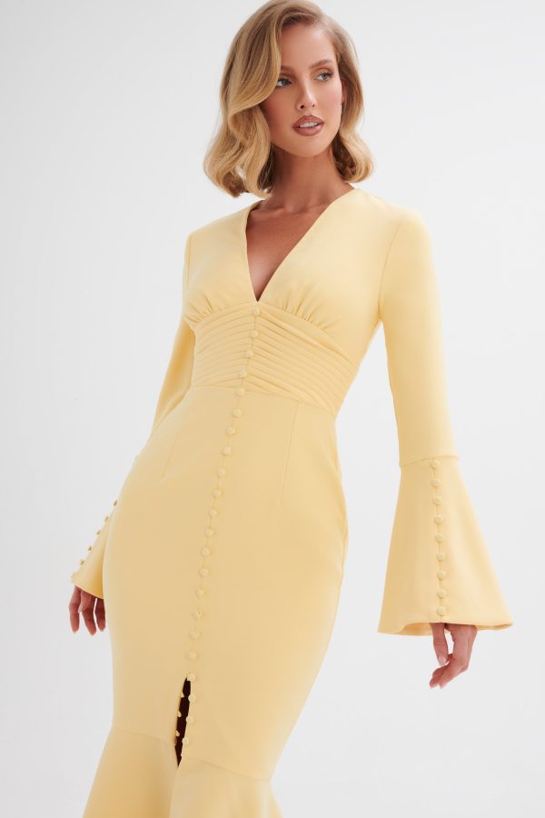 **PRE-ORDER** SALMA Fluted Sleeve Longline Fishtail Midi Dress In Yellow