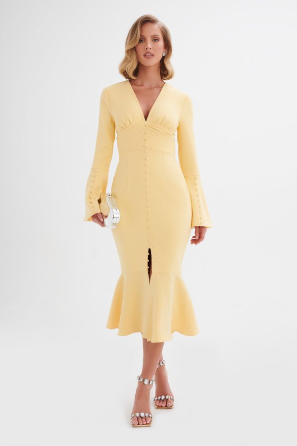 **PRE-ORDER** SALMA Fluted Sleeve Longline Fishtail Midi Dress In Yellow - Image 2