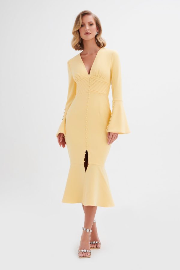 **PRE-ORDER** SALMA Fluted Sleeve Longline Fishtail Midi Dress In Yellow - Image 4