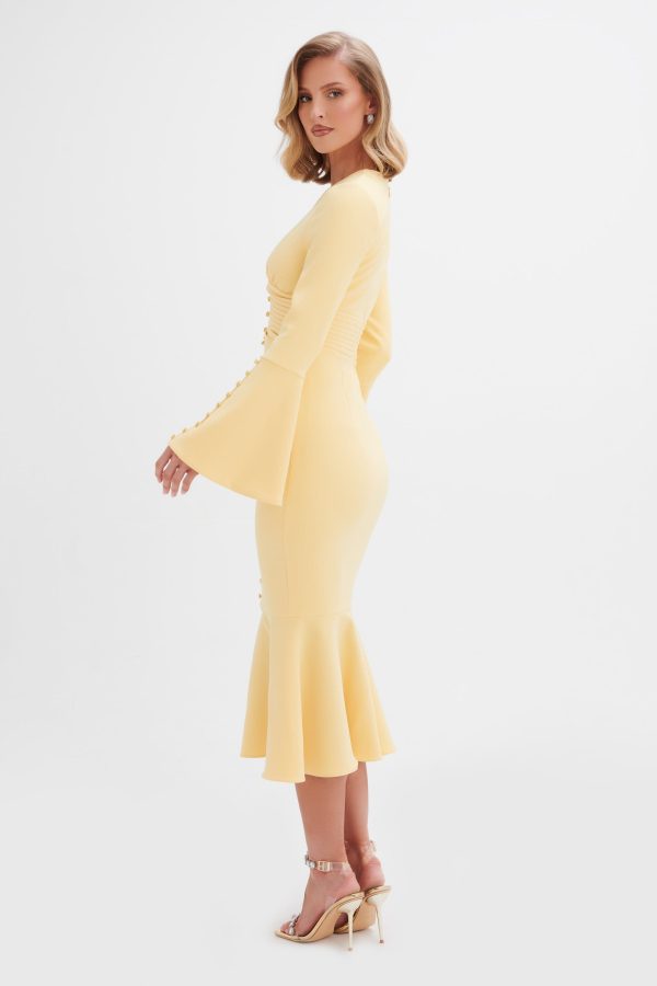 **PRE-ORDER** SALMA Fluted Sleeve Longline Fishtail Midi Dress In Yellow - Image 5