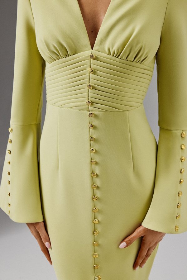 SALMA Fluted Sleeve Micro Rose Button Midi Dress in Lime Green - Image 2