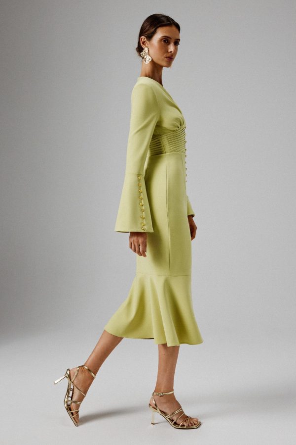 SALMA Fluted Sleeve Micro Rose Button Midi Dress in Lime Green - Image 3