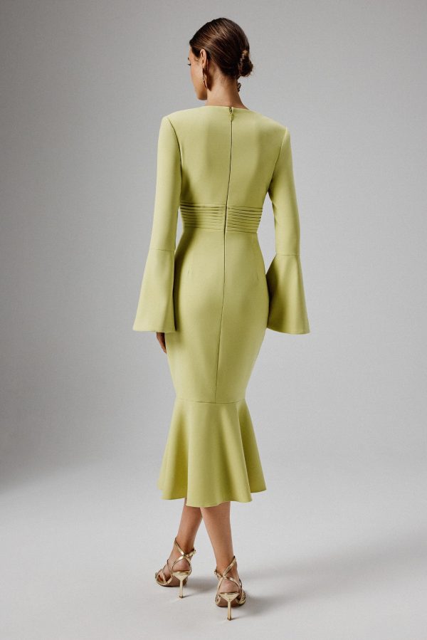 SALMA Fluted Sleeve Micro Rose Button Midi Dress in Lime Green - Image 4
