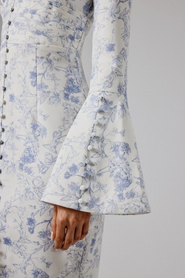 SALMA Fluted Sleeve Longline Fishtail Midi Dress In Blue Porcelain Print - Image 2
