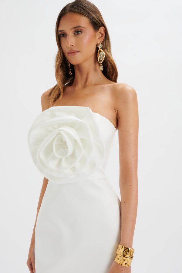 BRYANNA 3D Flower Bandeau Satin Mini Dress in White - Image 3