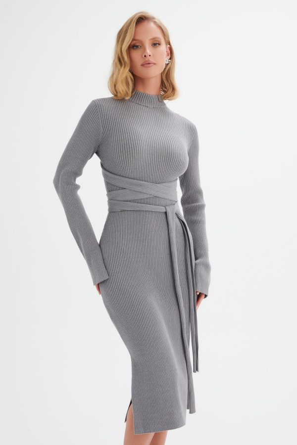 ROMI Knitted Ribbed Open Back Sleeved Midi Dress In Grey - Image 3